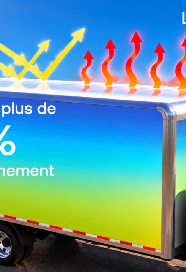 Camion frigorifique équipé du 3M Cooling Film posé par DecoAder, réfléchissant plus de 85 % du rayonnement solaire.
